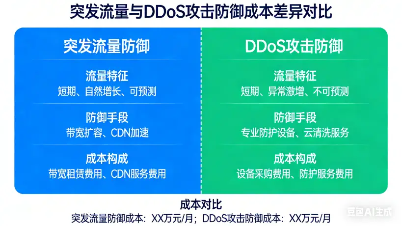 突发流量与DDoS攻击的防御成本差异
